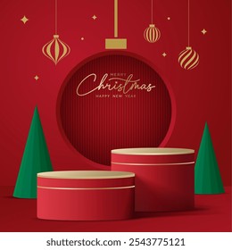 Realistic 3D Christmas podium on a red background. Christmas tree, deer, star and ornament on the stage. Perfect for product display, mockups, showrooms and showcases. Vector illustration