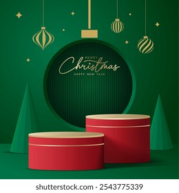 Realistic 3D Christmas podium on a green background. Christmas tree, deer, star and ornament on the stage. Perfect for product display, mockups, showrooms and showcases. Vector illustration