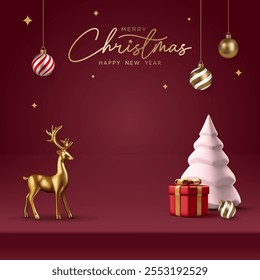 Realistic 3D Christmas podium on a red background. Christmas tree, deer, star and ornament on the stage. Perfect for product display, mockups, showrooms and showcases. Vector illustration