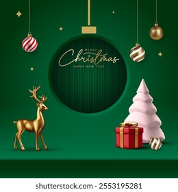 Realistic 3D Christmas podium on a green background. Christmas tree, deer, star and ornament on the stage. Perfect for product display, mockups, showrooms and showcases. Vector illustration