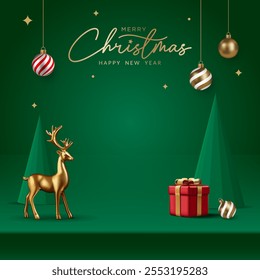 Realistic 3D Christmas podium on a green background. Christmas tree, deer, star and ornament on the stage. Perfect for product display, mockups, showrooms and showcases. Vector illustration