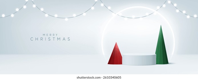 Realistic 3D Christmas podium on a soft background. Christmas tree, deer, star and ornament on the stage. Perfect for product display, mockups, showrooms and showcases. Vector illustration