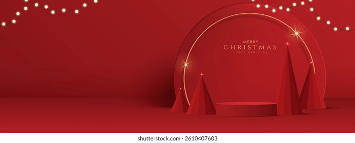 Realistic 3D Christmas podium on a soft background. Christmas tree, deer, star and ornament on the stage. Perfect for product display, mockups, showrooms and showcases. Vector illustration