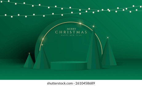 Realistic 3D Christmas podium on a soft background. Christmas tree, deer, star and ornament on the stage. Perfect for product display, mockups, showrooms and showcases. Vector illustration