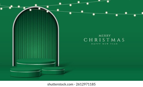 Realistic 3D Christmas podium on a soft background. Christmas tree, deer, star and ornament on the stage. Perfect for product display, mockups, showrooms and showcases. Vector illustration