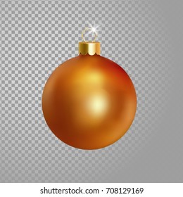 Realistic 3d Christmas tree ball. Yellow orange gold shiny sparkle gradient color with golden metal ornament decoration. New Year holiday banner design element isolated transparent vector illustration