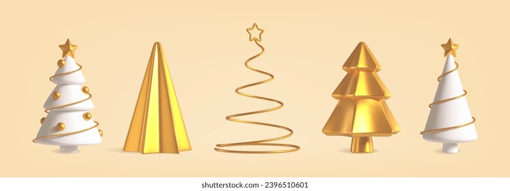 Realistic 3d Christmas trees in different shapes, gold and white Xmas tree with ornaments. Abstract golden spiral pine tree with star, New Year decor, winter holiday celebration vector element set