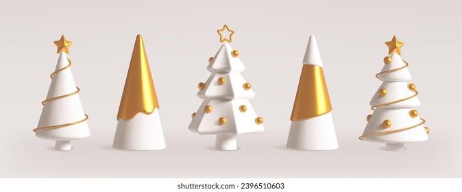 Realistic 3d Christmas trees in different shapes, gold and white Xmas tree with ornaments and garland. Golden pine tree with star, winter holiday celebration, New Year festive decor vector element set