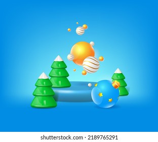 Realistic 3d Christmas trees on podium and falling christmas decor. Christmas and Happy new year festive design