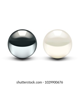 Realistic 3D Chrome Ball And Shiny Pearl Isolated On White Background. EPS10 Vector