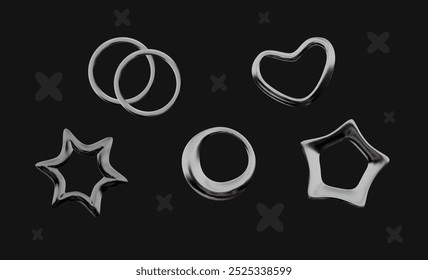 Realistische 3D-Chromformen. Aufkleber Herz, Sterne, Kreis. Ästhetische Vektorgrafik