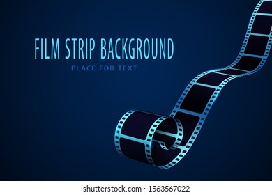 Realistic 3D cinema film strip in perspective. Film reel frame isolated on blue background. Vector template cinema festival. Movie design for brochure, leaflet, poster, tickets, banner or flyer.EPS 10