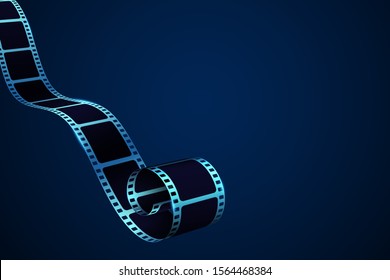 Realistic 3D cinema film strip in perspective. Film reel frame isolated on blue background. Vector template cinema festival with place for text. Movie design for brochure, poster, banner or flyer.