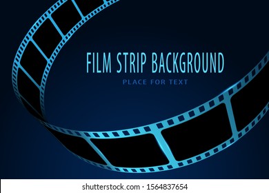 Realistic 3D cinema film strip in perspective. Film reel frame isolated on blue background. Vector template cinema festival with place for text. Movie design for brochure, poster, banner or flyer.