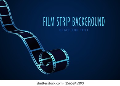 Realistic 3D cinema film strip in perspective. Film reel frame isolated on blue background. Vector template cinema festival. Movie design for brochure, leaflet, poster, tickets, banner or flyer.EPS 10