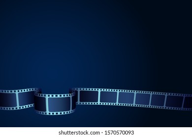 Realistic 3D cinema film strip in perspective. Film reel frame isolated on blue background. Vector template cinema festival with place for text. Movie design for brochure, poster, banner or flyer. EPS