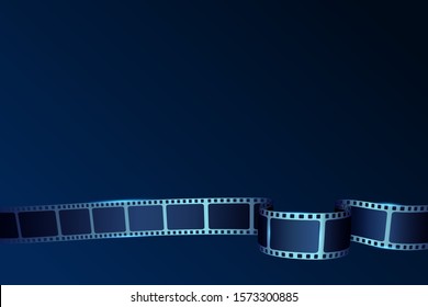 Realistic 3D cinema film strip in perspective isolated on blue background. Vector template cinema festival. Movie design cinema film strip for ad, poster, presentation, show, brochure, banner or flyer