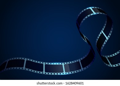 Realistic 3D cinema film strip in perspective. Film reel frame isolated on blue background. Vector template cinema festival with place for text. Movie design for brochure, poster, banner or flyer. EPS