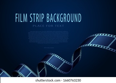 Realistic 3D cinema film strip in perspective isolated on blue background. Festive design cinema film frame with place for text. Vector template movie for festival, ticket, advertising, banner, flyer.