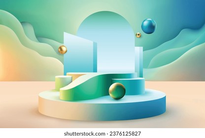 Realistic 3d circle podium with geometric figures, golden balls and decor. Empty round stage for award ceremony or exhibit displays. Pedestal for product presentation. Scene with abstract backdrop.