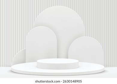 Realistic 3D circle podium set in white background. Vector abstract geometric platforms design. Wall minimal scene cosmetic products stage showcase, Banner promotion display.