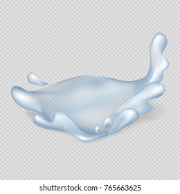 Realistic 3D clear water splash with small shiny drops that fly apart isolated vector illustration on transparent background.