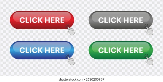 Realistic 3D "Click Here" Button – Square Vector Icon for Web Interfaces