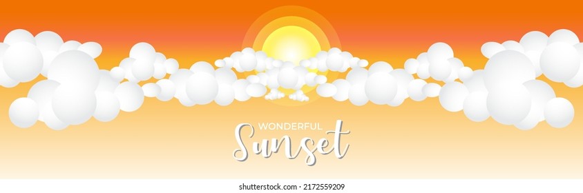 Realistic 3d clouds on sunset landscape background. Wonderful sunset. Free Vector