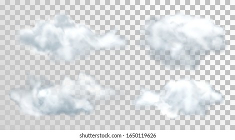 Realistic or 3d clouds. Set of isolated heaven or sky objects on transparent background. Cumulus and fluffy cloud or steam, smoke or vapor. Weather forecast and meteorology, nature theme