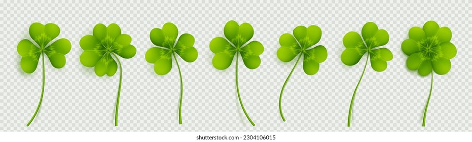 Realistic 3D clover leaves set isolated on transparent background. Vector illustration of green trifoils, decorative plant. Symbol of good luck, chance to success. Saint Patrick Day icons png