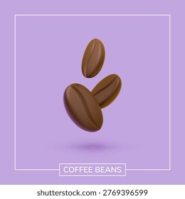 Realistic 3D coffee beans on violet background. Perfect vector web banner for cafe adverstment, cappuccino packaging, or morning beverage designs.