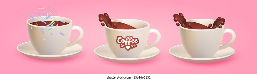 Realistic 3D Coffee Cup Set with Splash. Splashing out of a Mug. Trendy Design.