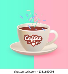 Realistic 3D Coffee Cup in Trendy Design. Cafe Symbol with Falling Marshmallow.
