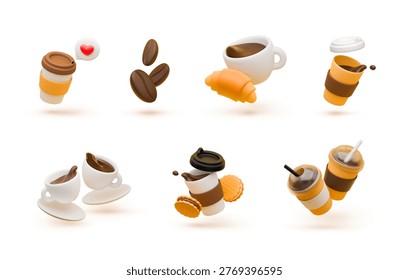 Realistic 3D coffee icons featuring cups, paper cups, croissants and cookies, coffee bean. Perfect breakfast collection with cafe beverages for creative coffee projects. Breakfast vector concept