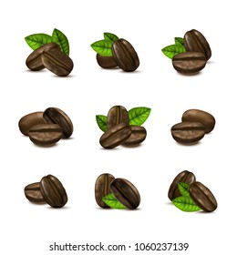 Realistic 3d Coffee Various Beans Set with Leaves Closeup View Ingredient Hot Morning Drink for Design. Vector illustration of Coffee Bean