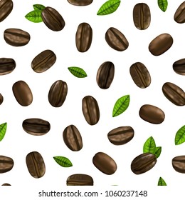 Realistic 3d Coffee Various Beans Seamless Pattern Background on a White Ingredient Hot Morning Drink for Design. Vector illustration of Coffee Bean