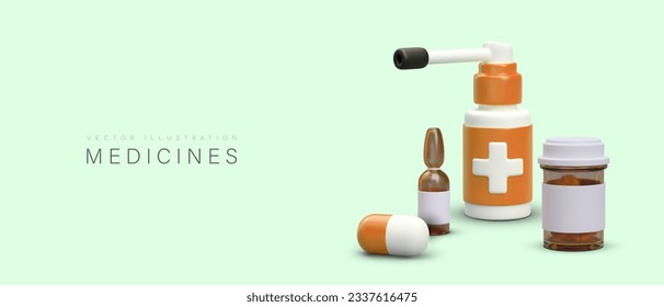 Realistic 3d collection of capsule, spray for throat, jar with drug and medicine ampule. Medicines for treatment of colds. Vector illustration with green background