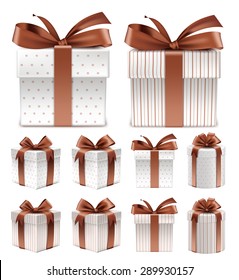 Realistic 3D Collection of Colorful Brown Pattern Gift Box with Ribbon and Bow for Birthday Celebration, Christmas, Party, Anniversary and Eid Mubarak. Set of Isolated Vector Illustration