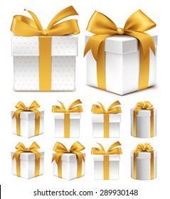 Realistic 3D Collection of Colorful Gold Pattern Gift Box with Ribbon and Bow for Birthday Celebration, Christmas, Party, Anniversary and Eid Mubarak. Set of Isolated Vector Illustration