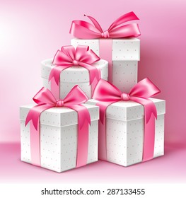 Realistic 3D Collection of Colorful Pattern Gifts for Ladies with Pink Ribbon for Birthday Celebration, Christmas, Valentines, Party, Anniversary and Eid Mubarak. Vector Illustration.