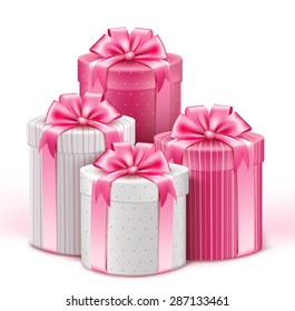 Realistic 3D Collection of Colorful Pattern Gifts for Ladies with Pink Ribbon for Birthday Celebration, Christmas, Valentines, Party, Anniversary and Eid Mubarak. Vector Illustration.