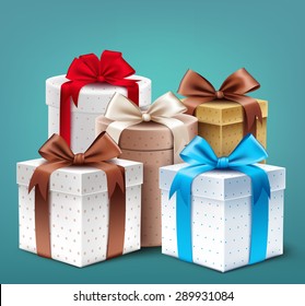 Realistic 3D Collection of Colorful Pattern Gift Box with Ribbon and Bow for Birthday Celebration, Christmas, Valentines, Party, Anniversary and Eid Mubarak. Isolated Vector Illustration