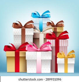 Realistic 3D Collection of Colorful Pattern Gift Box with Ribbon and Bow for Birthday Celebration, Christmas, Valentines, Party, Anniversary and Eid Mubarak. Isolated Vector Illustration