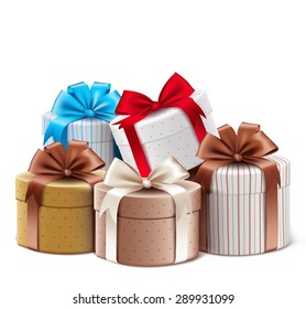 Realistic 3D Collection of Colorful Pattern Gift Box with Ribbon and Bow for Birthday Celebration, Christmas, Valentines, Party, Anniversary and Eid Mubarak. Isolated Vector Illustration