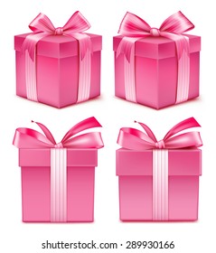 Realistic 3D Collection of Colorful Pink Pattern Gift Box with Ribbon and Bow for Birthday Celebration, Christmas, Party, Anniversary and Eid Mubarak. Set of Isolated Vector Illustration