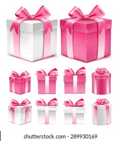 Realistic 3D Collection of Colorful Pink Pattern Gift Box with Ribbon and Bow for Birthday Celebration, Christmas, Party, Anniversary and Eid Mubarak. Set of Isolated Vector Illustration