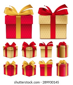 Realistic 3D Collection of Colorful Red Pattern Gift Box with Ribbon and Bow for Birthday Celebration, Christmas, Party, Anniversary and Eid Mubarak. Set of Isolated Vector Illustration