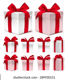 Realistic 3D Collection of Colorful Red Pattern Gift Box with Ribbon and Bow for Birthday Celebration, Christmas, Party, Anniversary and Eid Mubarak. Set of Isolated Vector Illustration