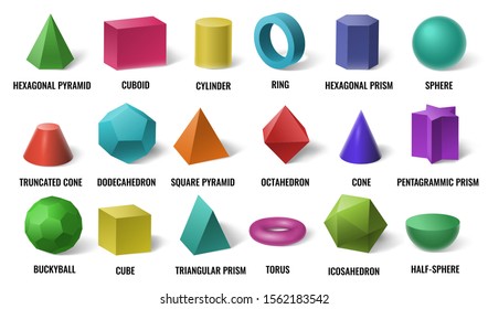 Realistic 3D color basic shapes. Solid colored geometric forms, cylinder and colorful cube shape. Maths geometrical figure form, realistic shapes model. Isolated vector illustration icons set