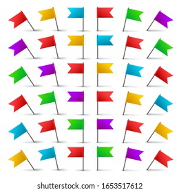 Realistic 3d color flag push pins with and metal needle in different angles isolated vector set. Office paper fixing accessories and map pointers. Isolated vector set